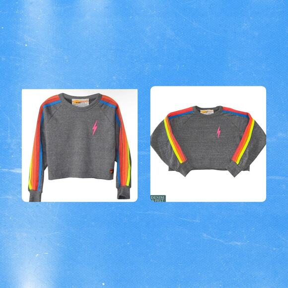 Aviator Nation Neon Rainbow Stripe Cropped Lightning Bolt Sweatshirt Gray XS - Picture 1 of 10